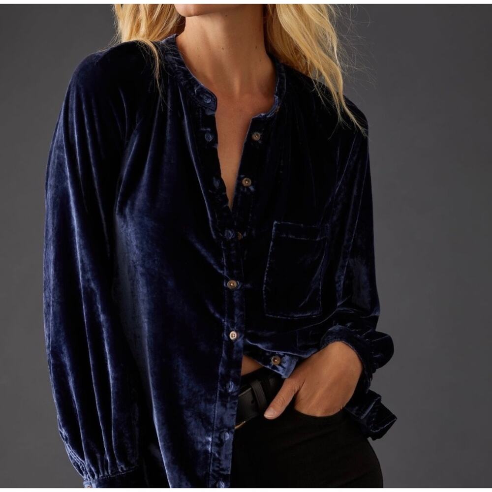 Pilcro Navy Blue Velvet Button Up Shirt Size Small NWT - Picture 1 of 12
